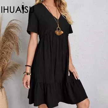 IHUASU Женское летнее свободное повседневное платье с коротким рукавом и завязкой на талии S красный