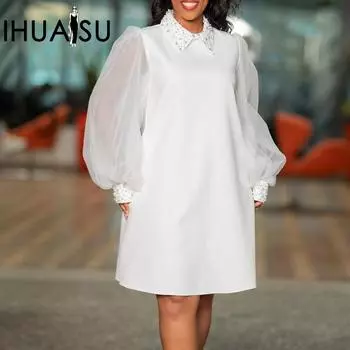 IHUASU женское летнее весеннее однотонное платье с длинным рукавом и принтом, модное платье с сетчатыми рукавами и бисером, темпераментное платье больших размеров S жёлтый