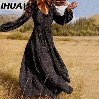 IHUASU Женское мини-платье макси с оборками и цветочным принтом, повседневные платья с длинным рукавом и V-образным вырезом S чёрный