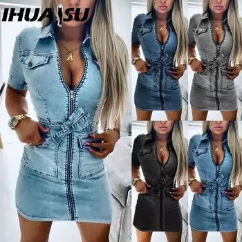 ИГУАСУ Женское модное джинсовое платье с коротким рукавом на молнии Лето Весна S чёрный