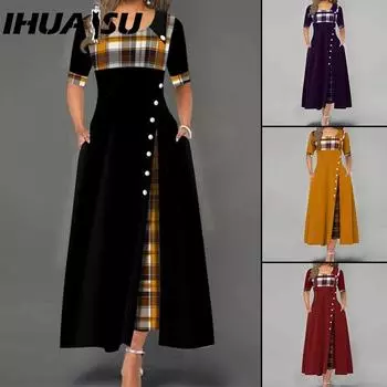 IHUASU Женское модное повседневное платье макси с коротким рукавом и круглым вырезом в клетку с принтом на пуговицах больших размеров S чёрный