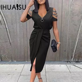 IHUASU женское однотонное длинное платье на молнии, плиссированное платье с короткими рукавами и v-образным вырезом S красный