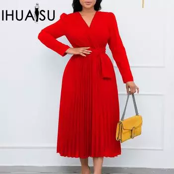 IHUASU женское однотонное плиссированное платье больших размеров на шнуровке с длинными рукавами и v-образным вырезом S красный
