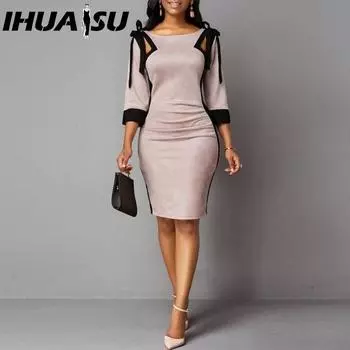 IHUASU Женское осенне-зимнее платье с завязками на плечах и рукавами три четверти с разрезом сзади S розовый