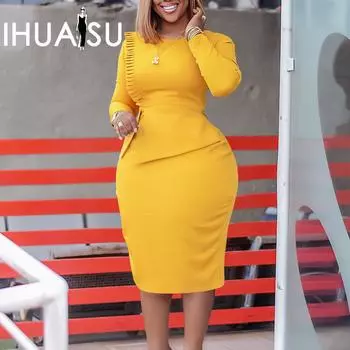 IHUASU женское осеннее однотонное зимнее элегантное офисное платье с длинным рукавом и круглым вырезом с высокой талией S