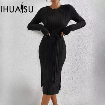 IHUASU женское осеннее трикотажное платье с круглым вырезом, подолом, разрезом на талии, большими полосками, облегающее длинное платье XS чёрный