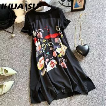 IHUASU Женское Платье А-силуэта Большого Размера Свободное Черное Длинное Платье-Футболка Шелковистое Удобное L чёрный