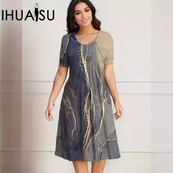 IHUASU женское платье больших размеров весна-лето с коротким рукавом и круглым вырезом со средней талией и принтом XL