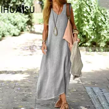 IHUASU женское платье больших размеров, летнее платье из хлопка и льна, однотонное модное ремонт