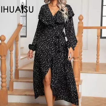 IHUASU Женское платье-фонарик с принтом в горошек, оборками на шее и длинными рукавами, с запахом, разрезом, свободные длинные платья S чёрный