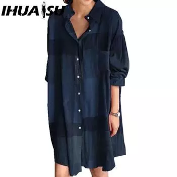 IHUASU Женское платье-рубашка с отложным воротником и длинными рукавами, летнее модное платье с клетчатым принтом S красный