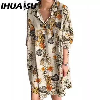 IHUASU Женское платье-рубашка с отложным воротником и длинными рукавами, летнее модное платье с клетчатым принтом S белый