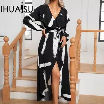 IHUASU Женское платье с длинным рукавом и оборкой на шее с художественным принтом, длинное платье с разрезом по низу S чёрный