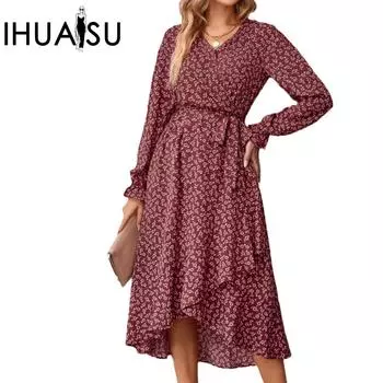 IHUASU Женское платье с принтом на осень и зиму с длинным рукавом для женщин Commuter Temperament S красный