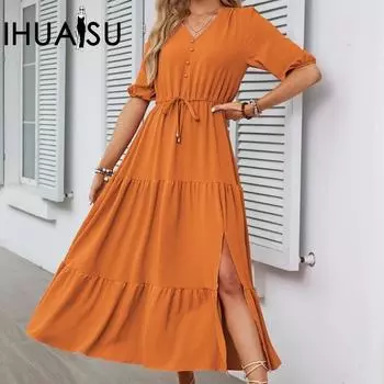 IHUASU женское платье с v-образным вырезом и короткими рукавами на пуговицах S белый