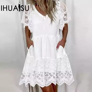 IHUASU Женское платье весна/лето с V-образным вырезом и короткими рукавами из кружева S белый