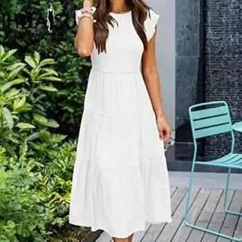 IHUASU Женское плиссированное многослойное свободное платье с короткими рукавами и рукавами-крылышками S белый