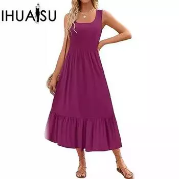 IHUASU Женское плиссированное платье-мешок с квадратным воротником и большими распашными рукавами, женское S чёрный