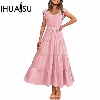 IHUASU Женское плиссированное платье с V-образным вырезом и открытой спиной и летними рукавами с принтом S чёрный