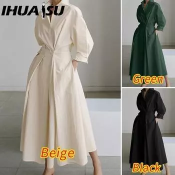 IHUASU Женское повседневное свободное длинное платье с отложным воротником и длинным рукавом S белый