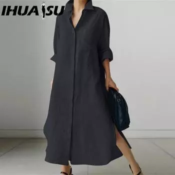IHUASU Женское повседневное свободное платье-рубашка с отложным воротником и длинными рукавами S чёрный