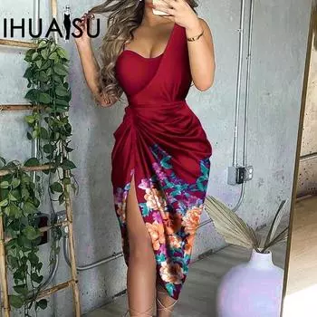 IHUASU женское сексуальное платье с разрезом и принтом, плиссированное вечернее платье на одно плечо S