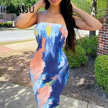 IHUASU женское весенне-летнее красочное платье без бретелек больших размеров с принтом тай-дай S