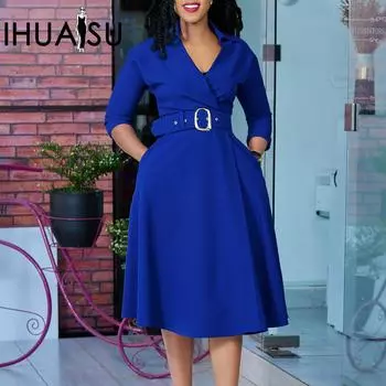 IHUASU женское весеннее модное однотонное элегантное платье больших размеров с высокой талией и лацканами S