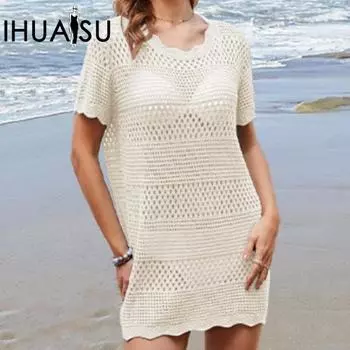 IHUASU Женское вязаное крючком тонкое летнее пляжное платье из бикини из джерси S синий
