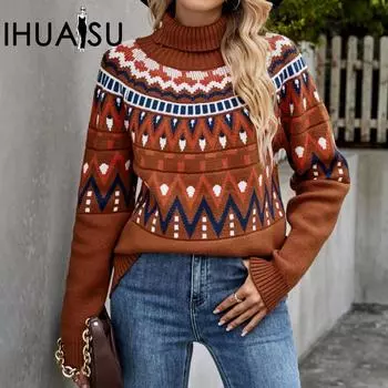 IHUASU зимний женский винтажный полосатый свитер в стиле пэчворк, водолазка, свободная вязка S