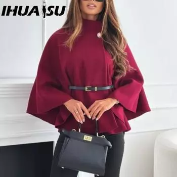 IHUASU Зимняя мода однотонный шерстяной плащ с ремешком на талии для женщин куртки и пальто S чёрный