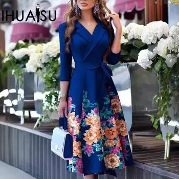 IHUASUV Модное однотонное однотонное платье со шнуровкой на талии и средним рукавом с воротником S синий