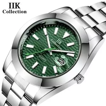 IIK Бизнес-часы с зеленым циферблатом Мужские часы Кварцевые водонепроницаемые мужские часы с календарем и стальным ремешком