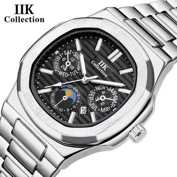 IIK Новые кварцевые водонепроницаемые мужские повседневные часы из сплава с календарем