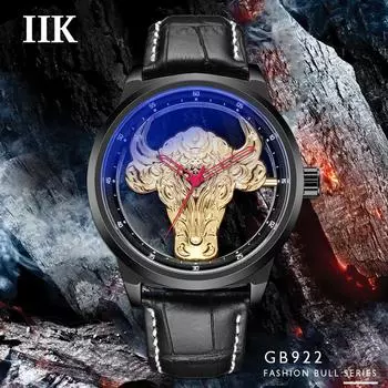 IIK Роскошные мужские часы Водонепроницаемые трендовые кварцевые часы Bull Head Прозрачные синие синие часы высокого качества чёрный