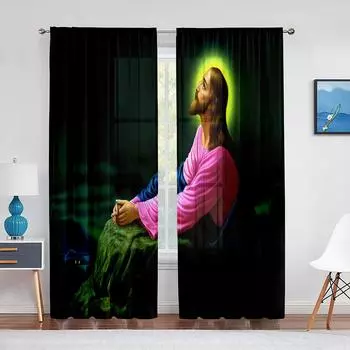Иисус молится в саду Прозрачная вуаль-занавеска для гостиной, спальни, христианские религиозные оконные шифоновые тюль-шторы 1 PCS W100XH250cm&Rod Pocket