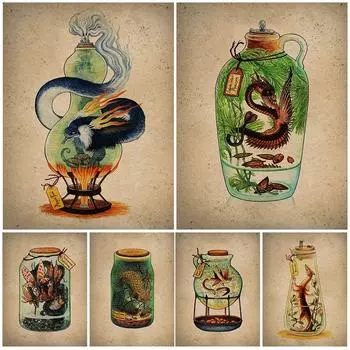 Икан Пуффер дан Саламандра Далам Ботол Сени Диндинг Антик Лукисан Канвас Хеван Абстрак Далам Ботол Плакат Сени дан Декораси Четак без рамки 21*30cm