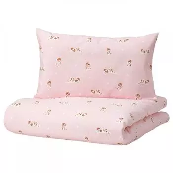 IKEA DR MSLOTT Пододеяльник для кроватки 1 подушка с рисунком щенка розовый 110х125 35х55 см