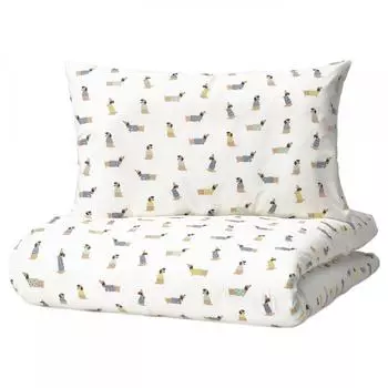 IKEA DR MSLOTT Пододеяльник для кроватки 1 подушка с рисунком щенка разноцветный 110x125 35x55 см