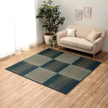 Ikehiko Corporation Rush Rug Carpet Tatami Note Square FX Diamond Blue 190 x 190 cm Geometric Pattern Humidity Adjustment Effect Antibacterial and