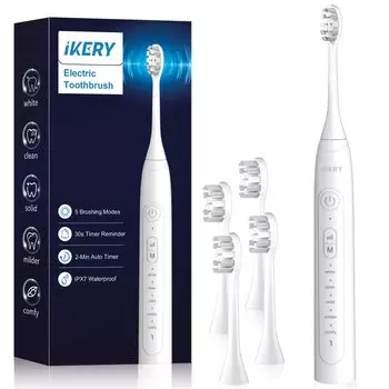 IKERY Electric Электрозвуковая волна Падение IPX7 USB 5 3 регулировки интенсивности каждые 2 минуты Автоматический таймер Память Вибрирующая зубная щетка 4 щетки