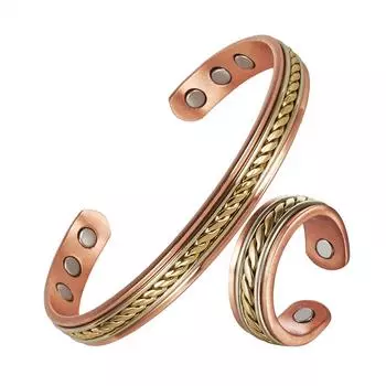 Ikuinen комплект ювелирных изделий магнитный браслет из чистой меди кольцо комплект ювелирных изделий женский золотой цвет регулируемая манжета с высоким магнитом медный