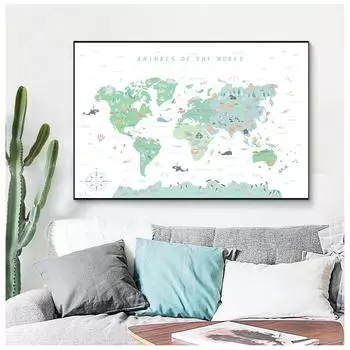 Иллюстрация карты мира с изображением животных, настенная художественная картина, детский сад, печать и живопись, образовательный плакат 21cm30cm NoFrame