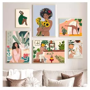 Иллюстрация, настенная живопись на холсте, скандинавские постеры и принты, настенная картина для декора гостиной, модная сексуальная девушка, цветочные растения 21cm30cm NoFrame
