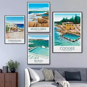 Иллюстрация пляжа Сиднея Печать Бонди Куги Тамарама Сидней Плакат Путешествия Пейзаж Настенная живопись Холст Картина Домашний декор 21x30cm No Framed