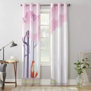 Illustration Cherry Blossom Fox Window Curtains Bedroom Kitchen Drapes Panel Curtains for Living Room Christmas Home Decor 135W x 60H(cm)