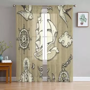 Illustrations On The Theme Of Sea Travel In Tattoo Style Chiffon Sheer Curtains Living Room Bedroom Window Voiles Tulle Curtain 135W x 114H(cm)