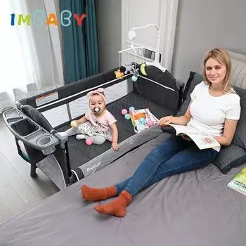 IMBABY Детская кроватка Детская кроватка со столиком для подгузников Многофункциональная кровать для новорожденных Детская колыбель-качалка Детская кроватка для детей 0-6 лет серый