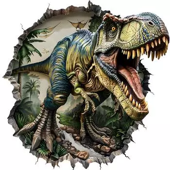 Имитация 3D Наклейки на стену Динозавр, пробивающий стену, Гостиная, Детская комната, Декоративные наклейки для дома One Size