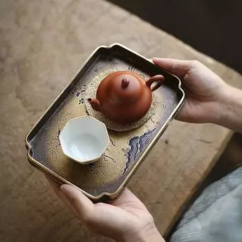 Имитация бронзового чайника, окрашенного в латунный цвет, для старой бронзовой тарелки, подставка для чайника, ручная резка, поднос для чая